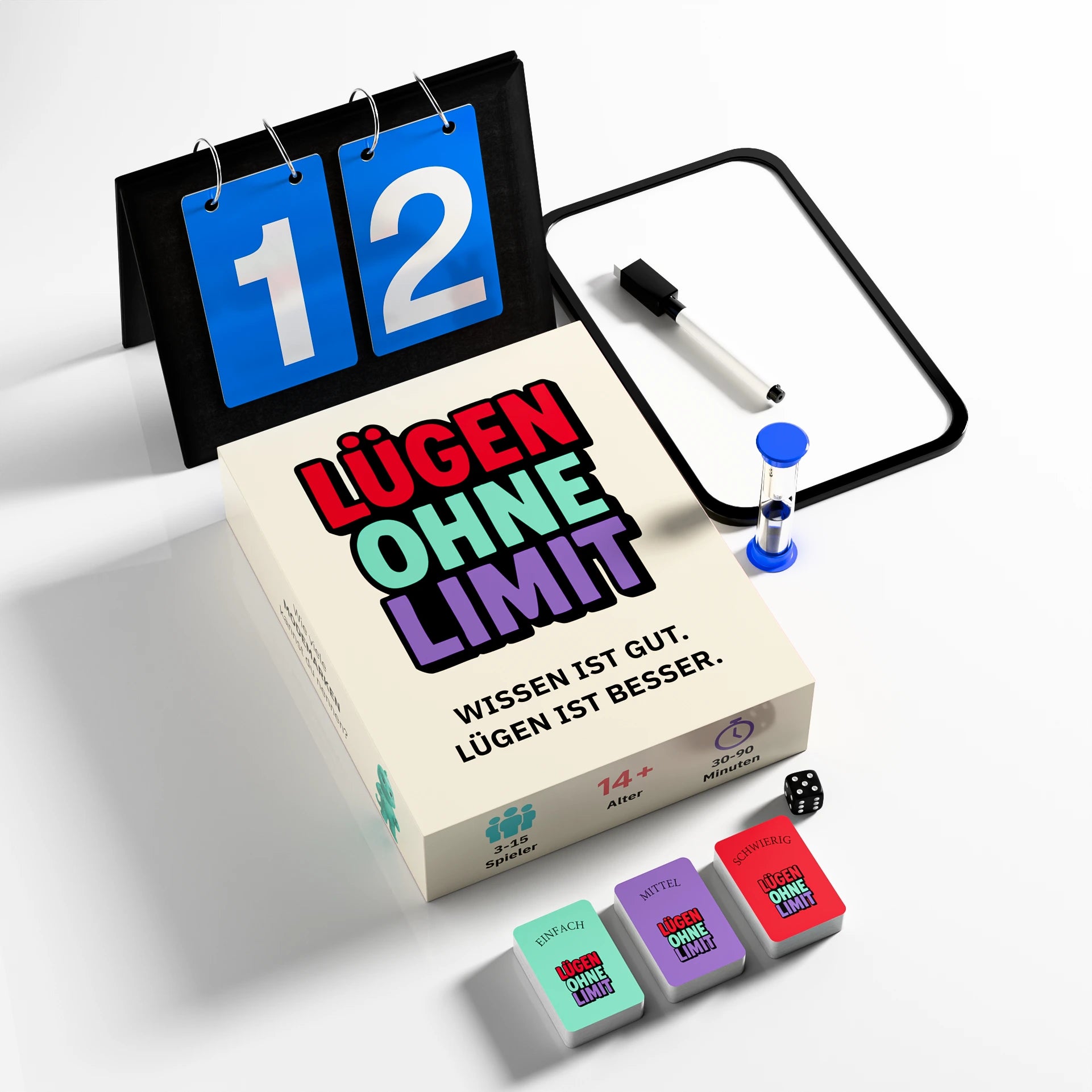 Spielinhalt von Lügen ohne Limit mit 150 Karten und umfassenden Spielmaterial