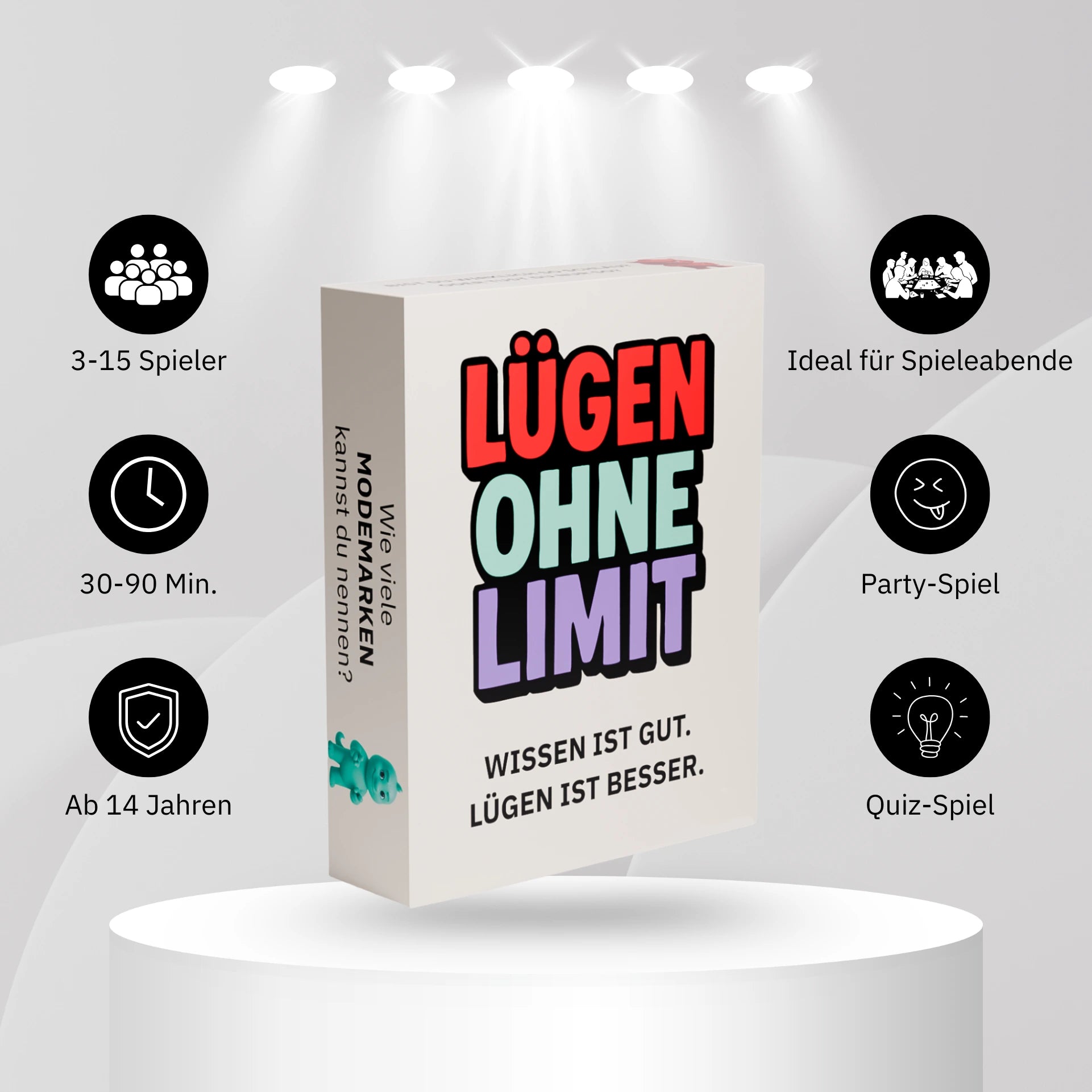 Spielbox und Infos von Lügen ohne Limit, dem Quiz- und Partyspiel für 3-15 Personen – ideal für Spieleabende
