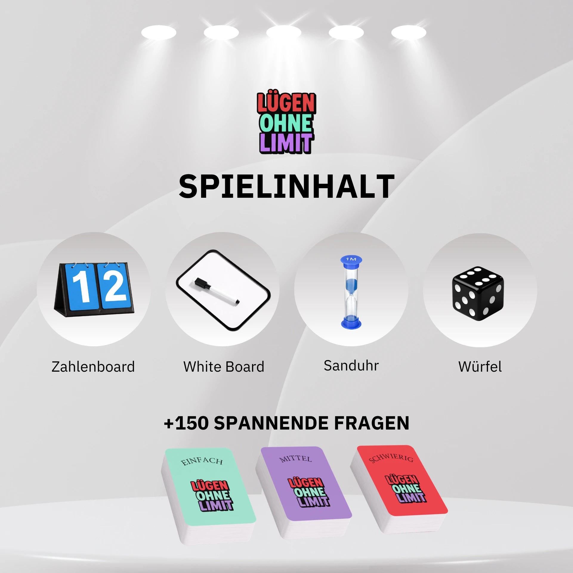 Detaillierter Spielinhalt von Lügen ohne Limit: 150 Karten, Zahlenboard, White Board, Sanduhr und Würfel